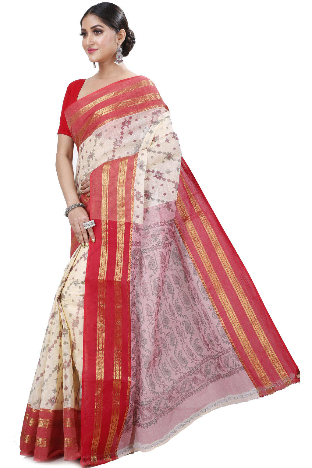 Red Pure Cotton Rashi Print Tant Saree Print (1012)